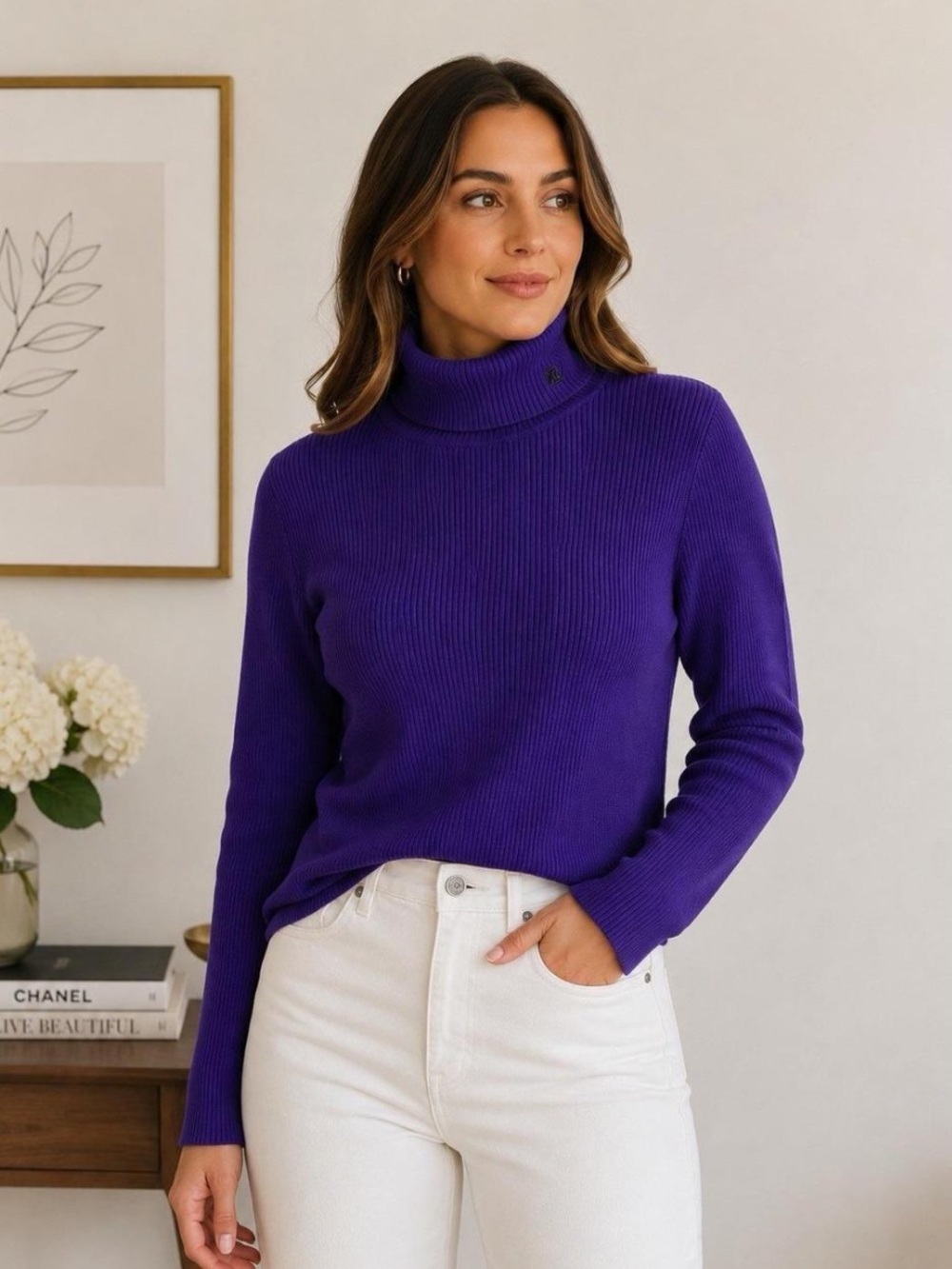 Ralph Laurel Purple Turtleneck Ribbed Sweater